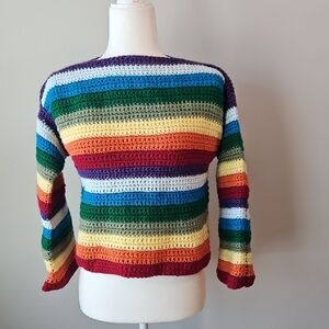 Rainbow Core Colorful Striped Crochet Handmade Sweater Bell Sleeves Crop Style